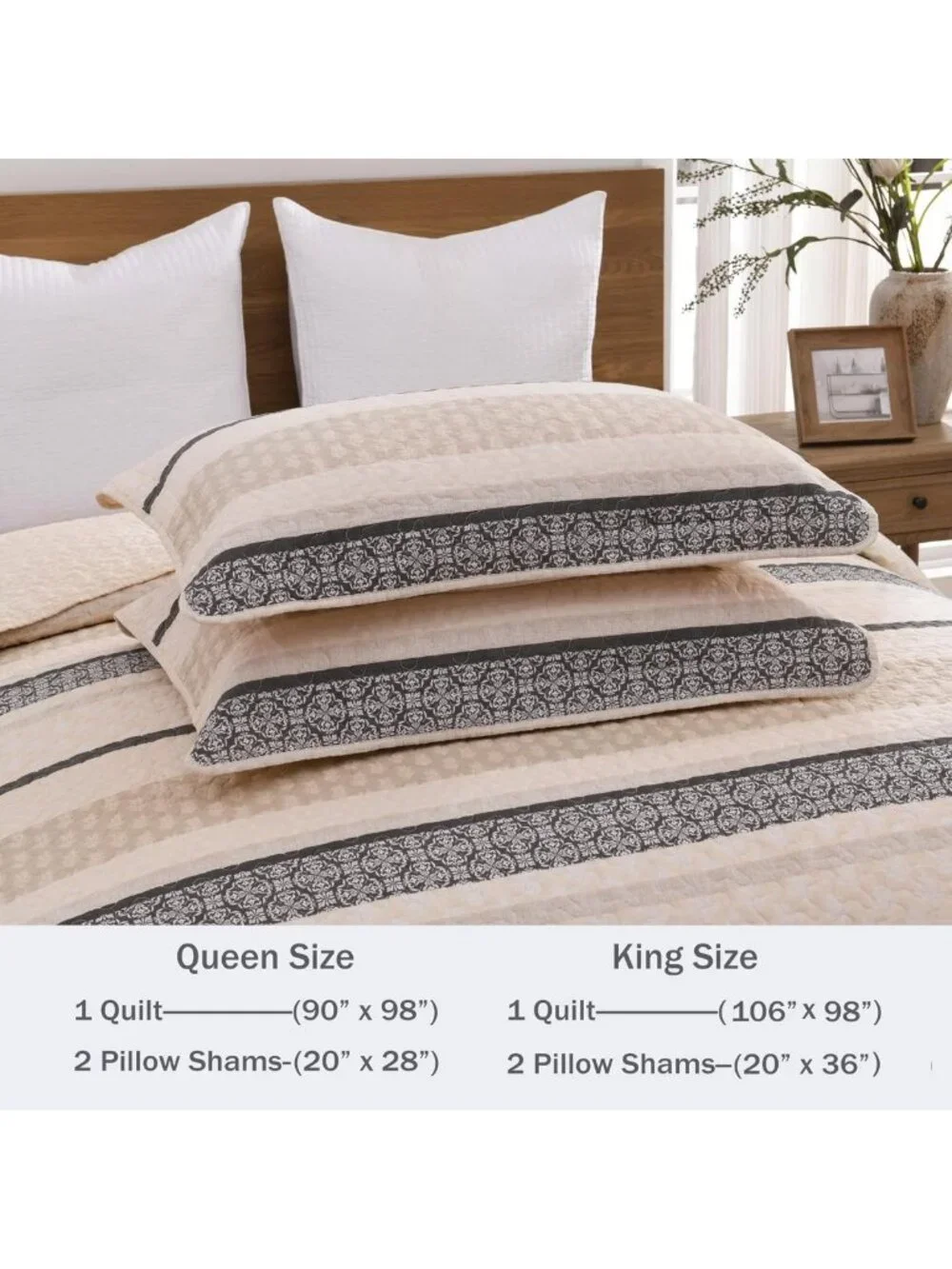 Reversible King Size Comforter Set - Lightweight Beige & Grey Striped Bedding, 2
